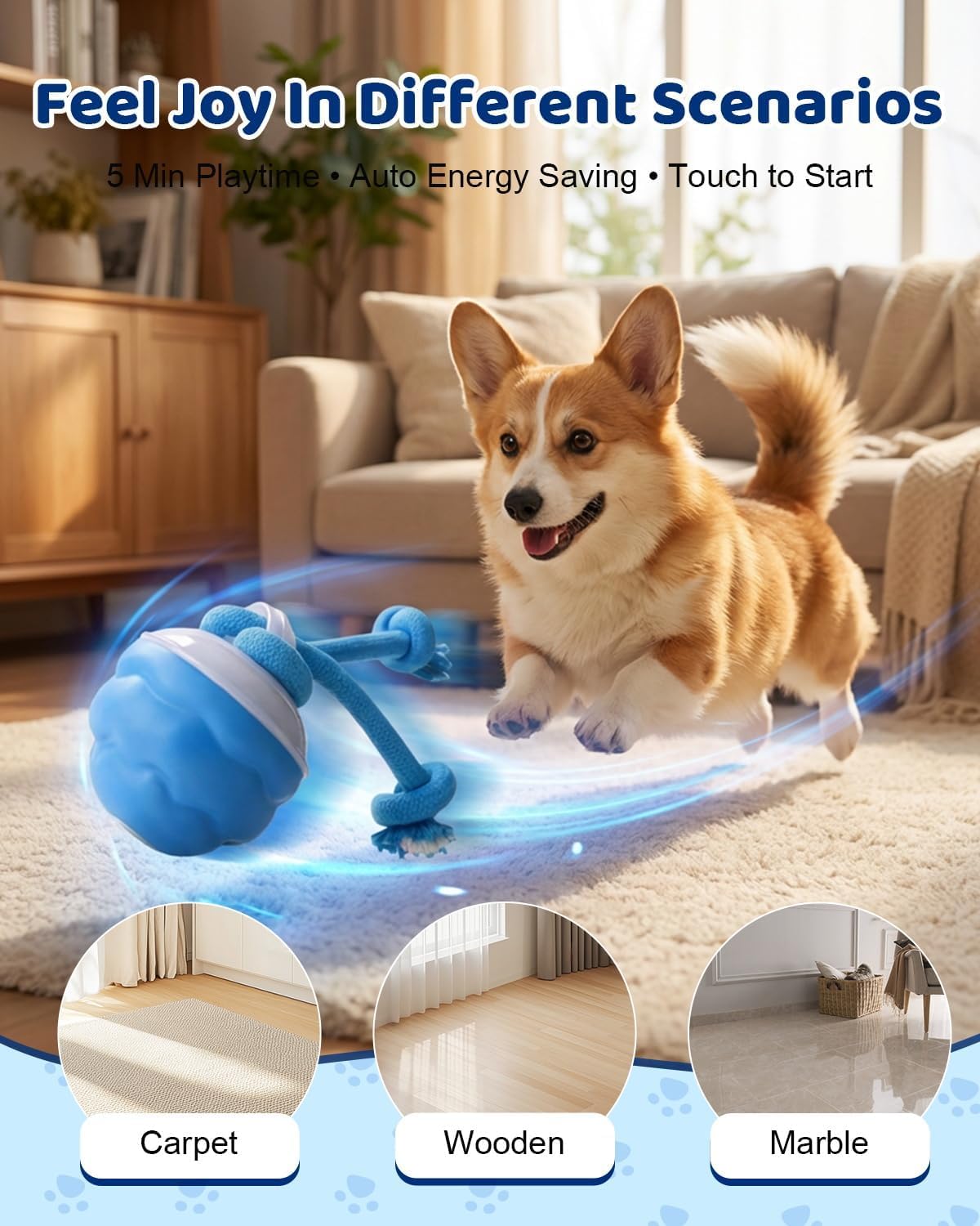 Interactive Dog Toys With Rope -Smart Dog Ball Built-in Barking Sound, Motion Activated USB-C Rechargeable Dog Toy With 3 Play Modes For Medium & Large Dogs