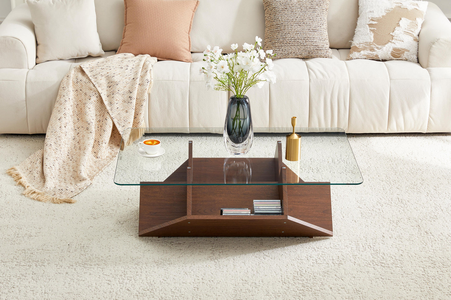 Multi-Storage Tempered Glass & MDF Coffee Table, Walnut Finish Coffee Table With Spacious Compartments For Daily Essentials, Modern Living Room Office Coffee Table