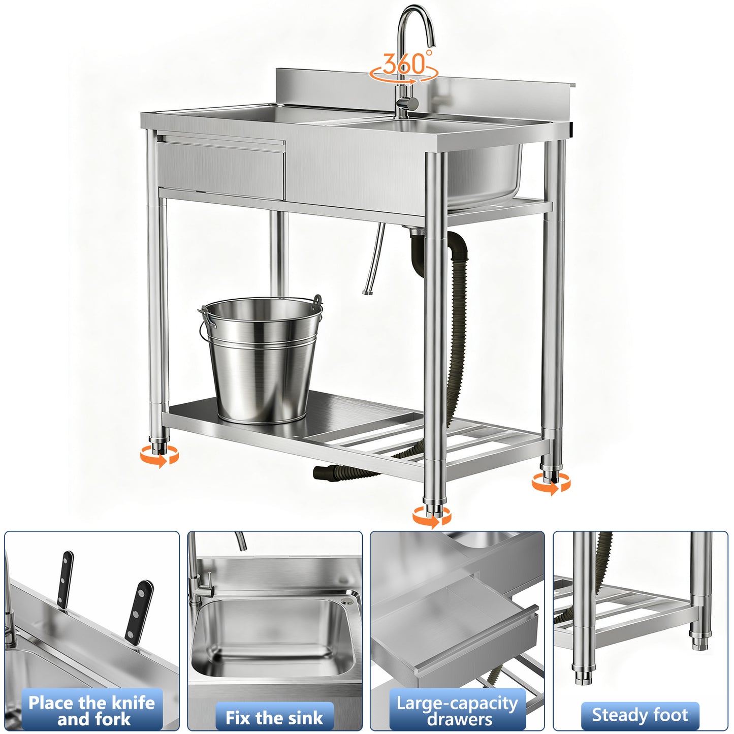 304 Stainless Steel Outdoor Utility Sink With Workbench & Storage Shelf, Freestanding Prep Table With Left Drawer, 39in Garden Patio Sink Station With 360degree Hot & Cold Water Faucet