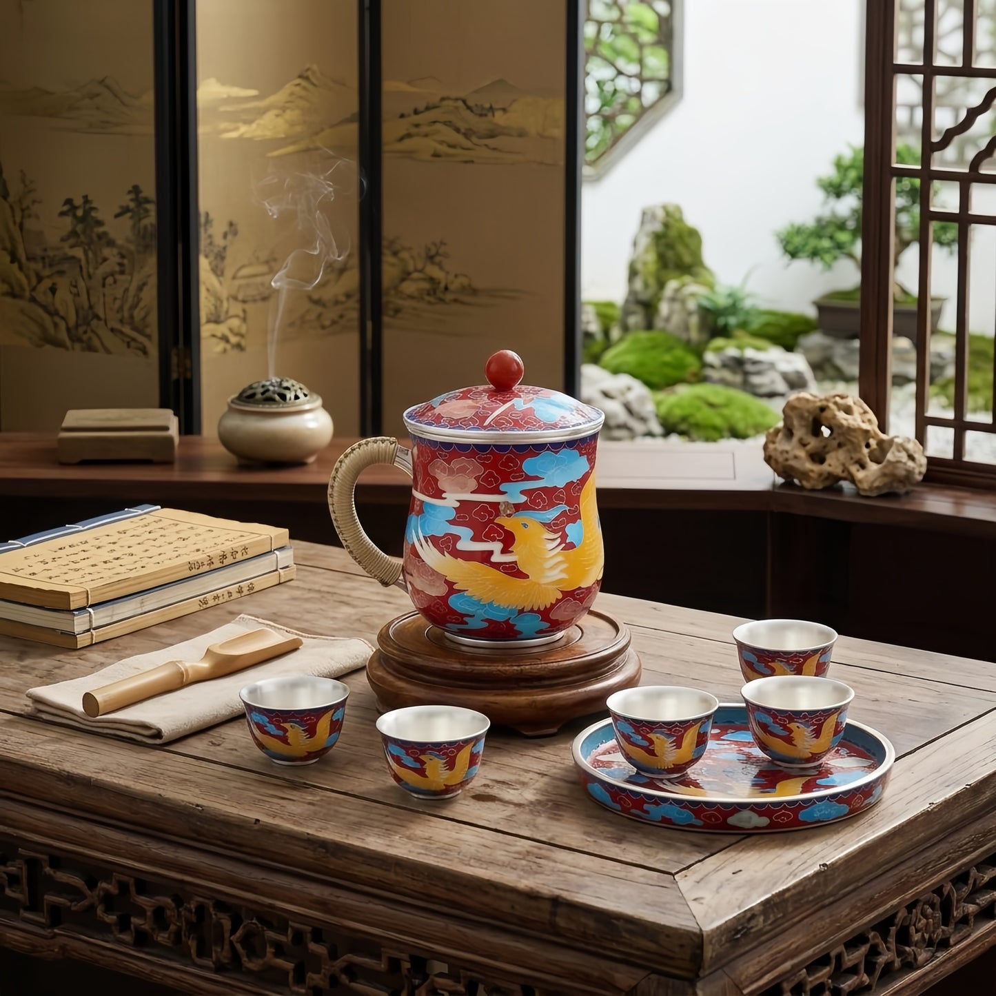Pure 999 Fine Silver Red Cloisonné Phoenix Enamel Tea Mug with Woven Handle - Handicraft