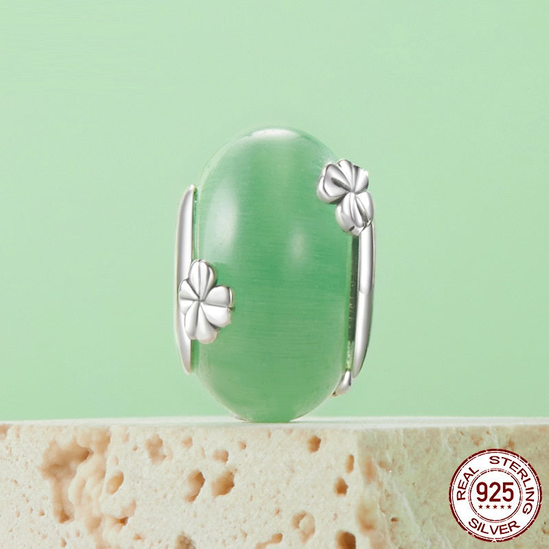 Bead Accessories 925 Silver Green Four-leaf Clover Glass Beads