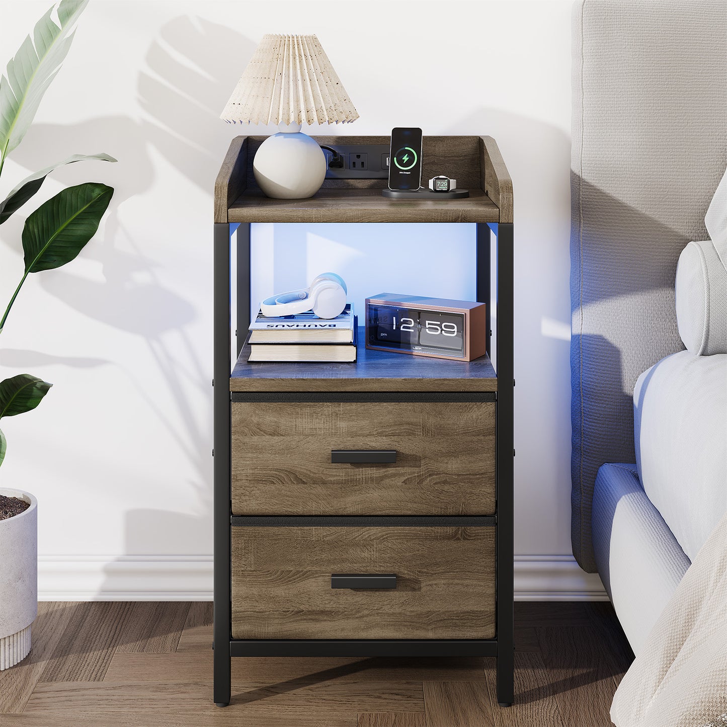 Nightstand With Charging Station Modern Bedside End Side Table With Guardrail Storage Shelf 2 Fabric Drawers USB Ports AC Outlets