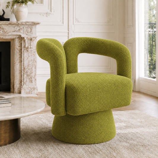 Old SKU W1880P163401 360 Degree Swivel Snuggle Barrel Accent Chairs, Round Armchairs With Wide Upholstery, Fluffy Fabric Armchair For Living Room, Bedroom, Office, Waiting Rooms, Olive