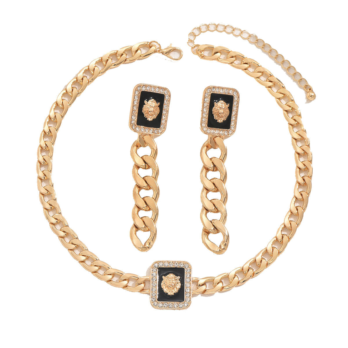 Fashion European American Women Jewelry Set, Unique Lion Pattern Cubic Zirconia Inlaid Necklace Bracelet Clavicle Chain Accessories