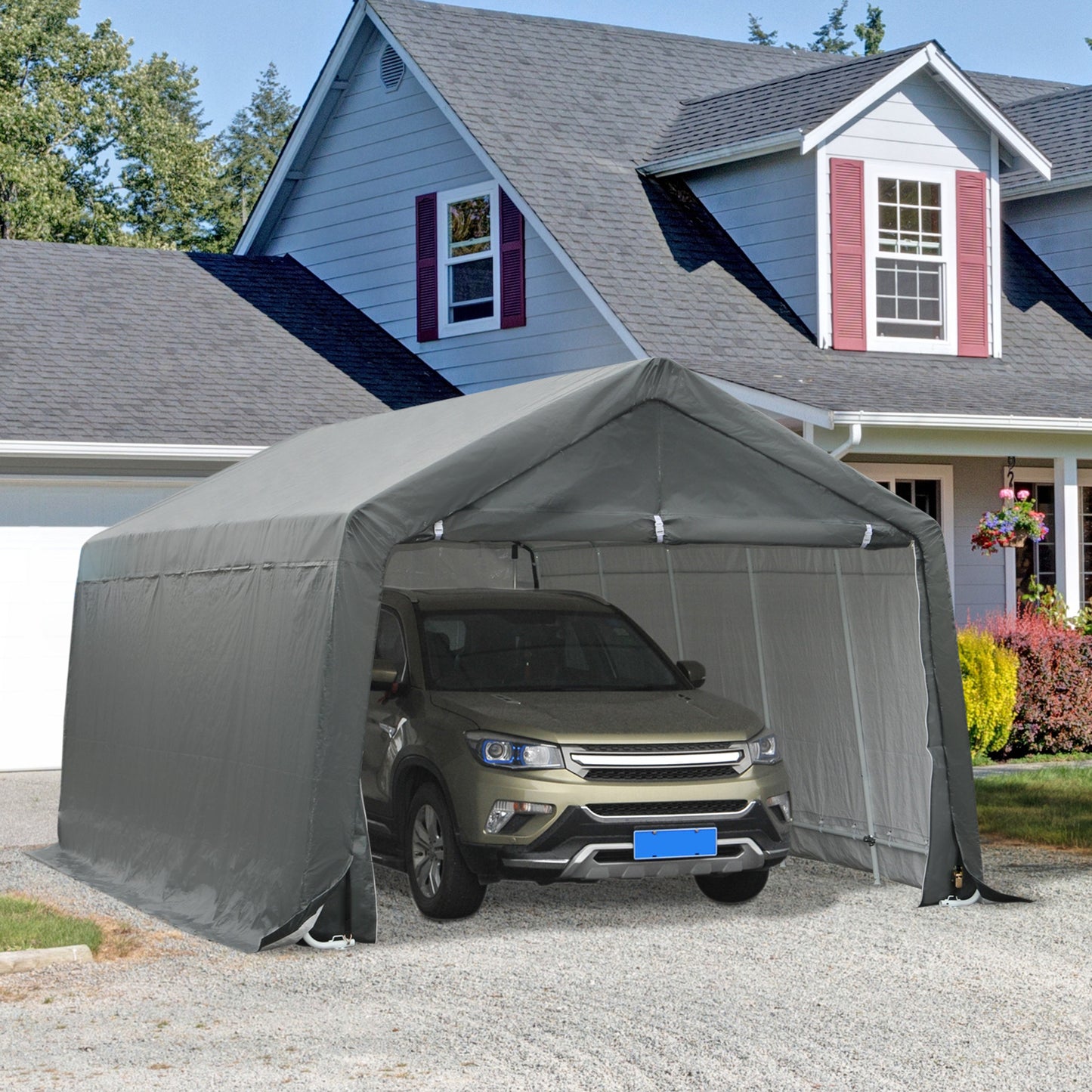 12 x 20 Carport Portable Garage, Heavy Duty Storage Tent, Patio Storage Shelter w/ Anti-UV PE Cover and Double Zipper Doors, for Motorcycle Bike Garden Tools, Gray