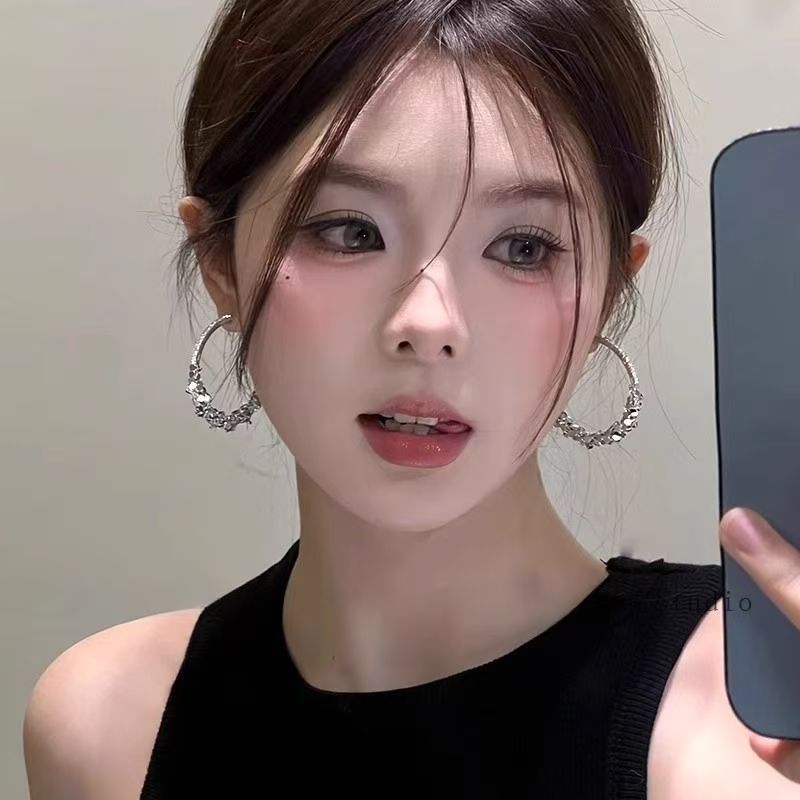Korean Chic Style Silver Sparkling Rhinestone Big Hoop Earrings For Women, Light Luxury High-End Bold Personality Circle Stud Ear Jewelry