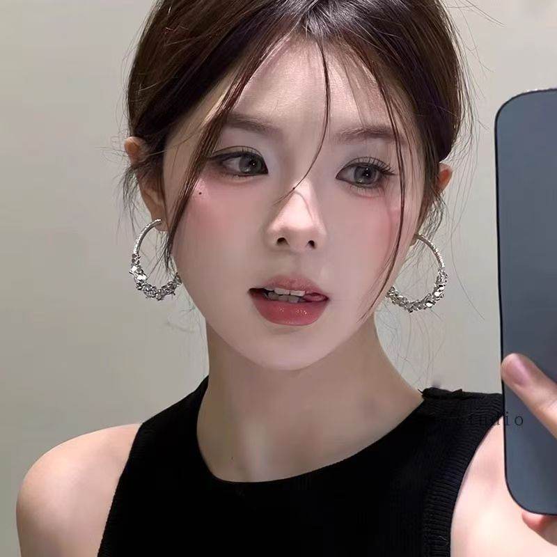 Korean Chic Style Silver Sparkling Rhinestone Big Hoop Earrings For Women, Light Luxury High-End Bold Personality Circle Stud Ear Jewelry
