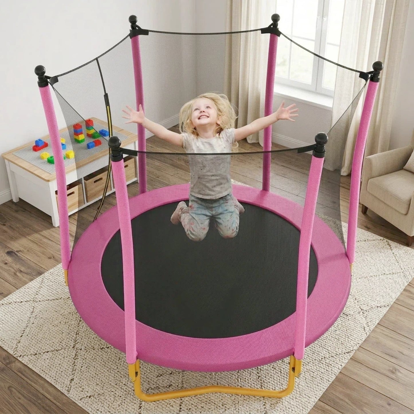 5.5 FT Kids Trampoline With Safety Net, Indoor Outdoor Toddler Trampoline With Enclosure, U-Shaped Stable Legs, Foam Padded Poles, Mini Trampoline For Kids