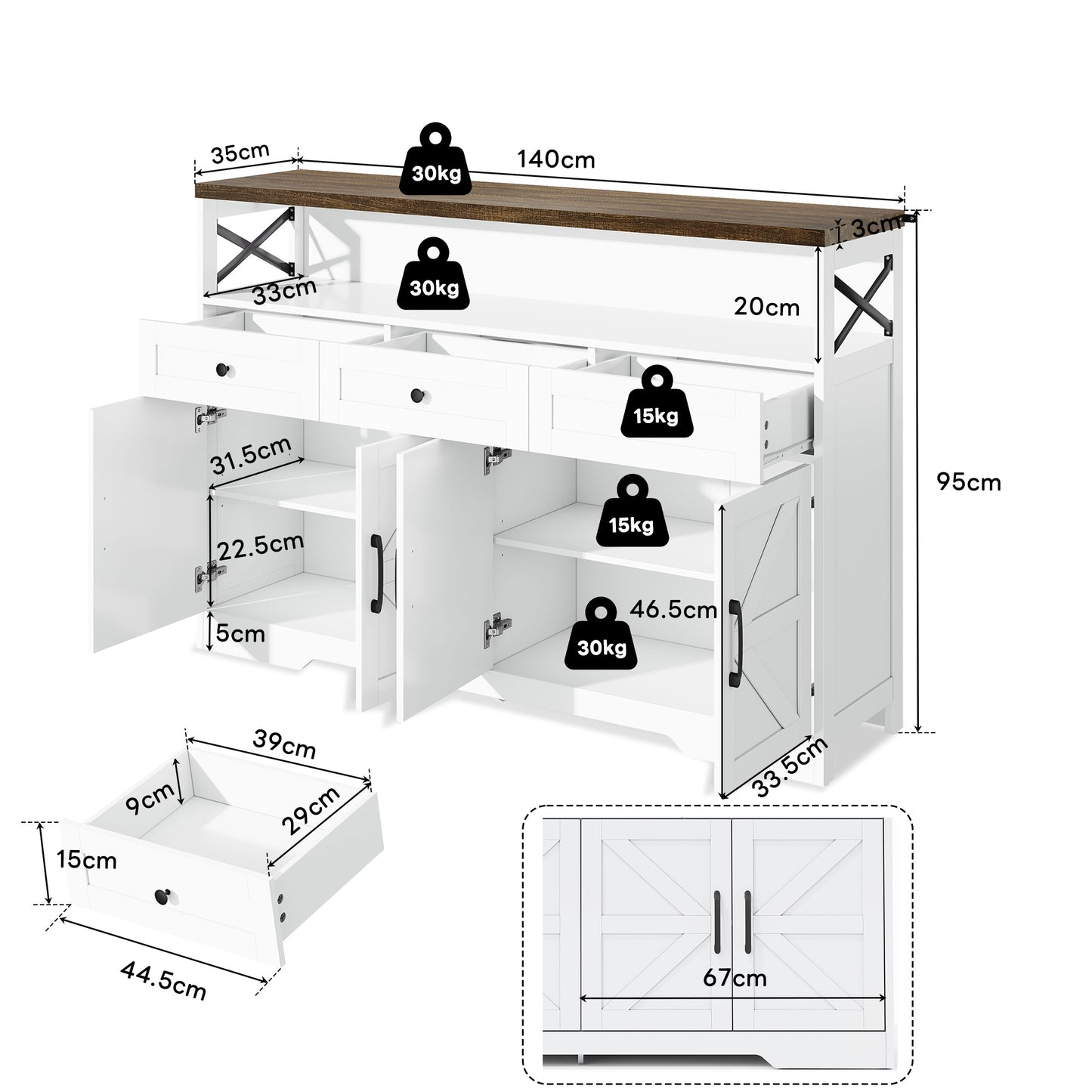 Sideboard 140cm With Storage, Coffee Bar Cabinet With 3 Drawers, Farmhouse Style  With Doors, Cabinets With Shelves, Suitable For Kitchen, Living Room, Hallway, Rustic White Brown Style