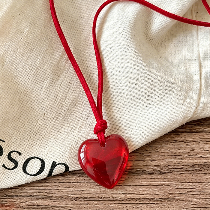 Y2K Puffy Glass Heart Pendant Necklace - Large Murano Style Heart Charm On Adjustable Cord - Cute Chunky Romantic Jewelry Gift For Women