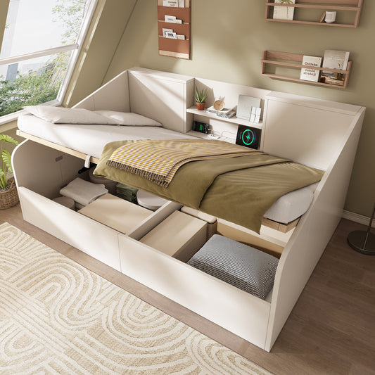 Hydraulic Daybed 140x190 Cm In White, Wooden Bed With 2 Shelves, Large Storage Space & USB-Type-C Charging Station, Slatted Frame Incl., Compact Double Bed   Without Mattress