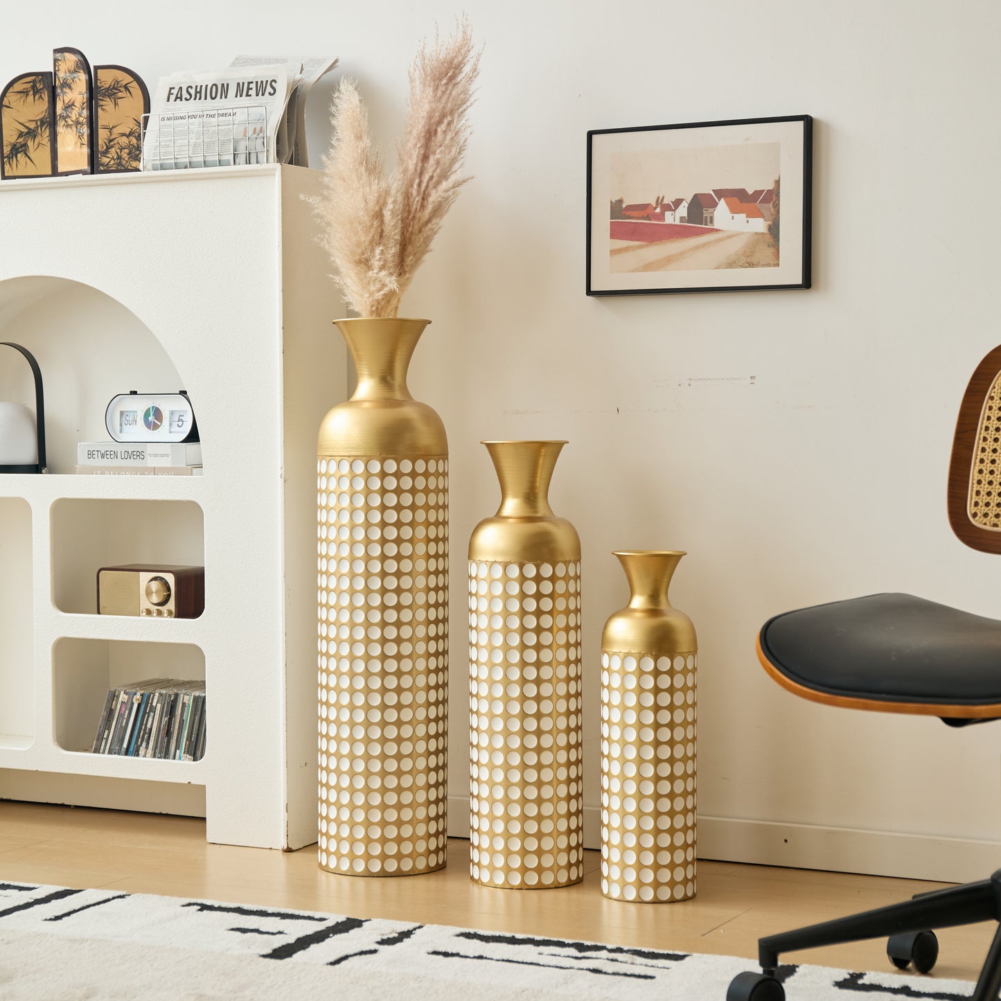 3-Piece Golden Metal Floor Vase Set With White Dot Pattern, Stackable Space-Saving Packaging, Tall Stand Vases For Dried Flowers Pampas Grass, Luxury Home Decoration For Living Room Hallway Hotel, Non