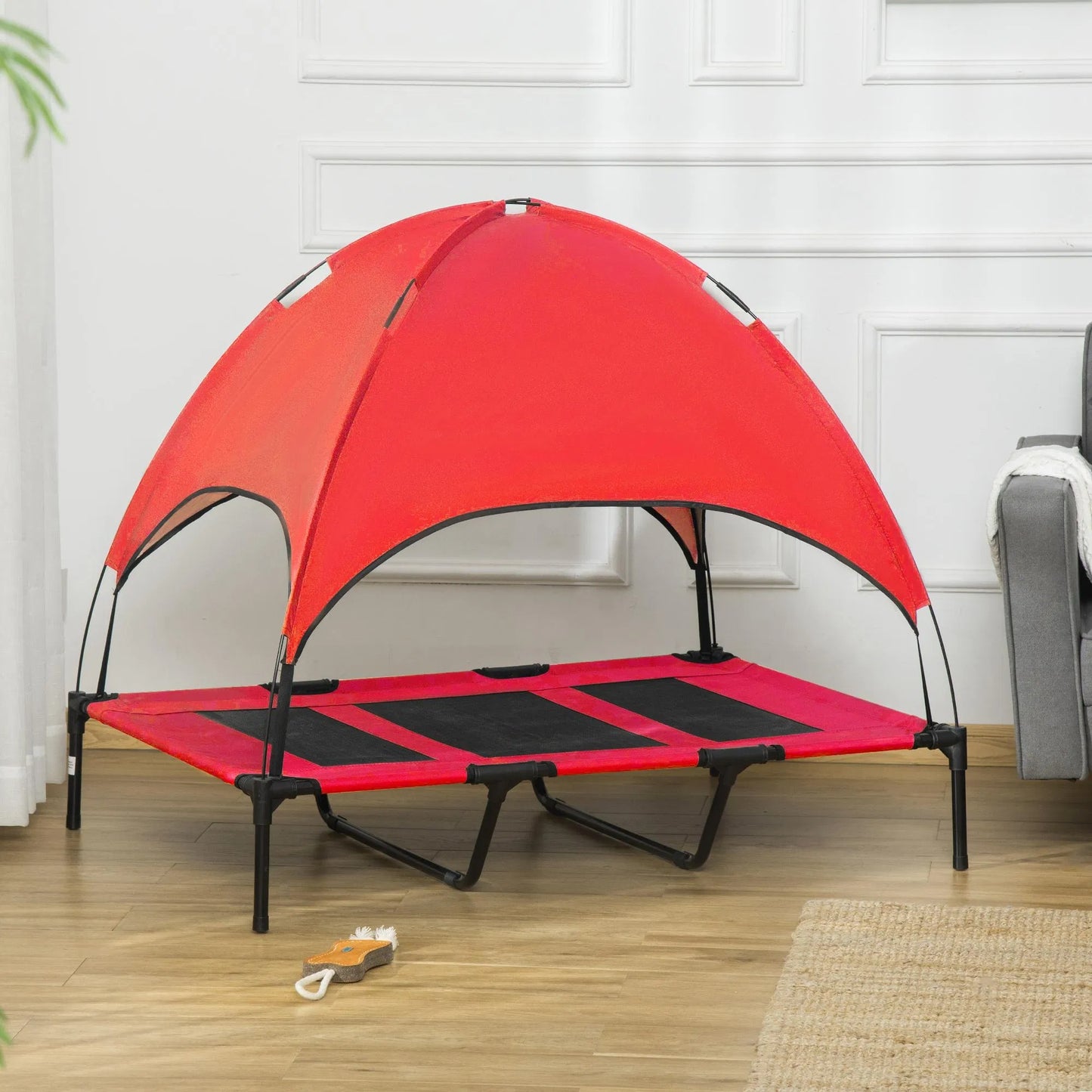 48 In X 36 In Elevated Dog Cot Cooling Pet Bed With UV Protection Canopy Shade, Portable Raised Outdoor Dog Bed, Heavy Duty Pet Hammock Bed For Medium & Large Dogs, Red