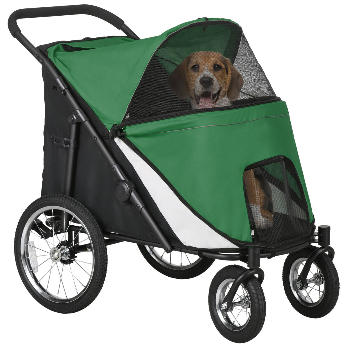 PawHut Foldable Pet Stroller, With Washable Cushion, Storage Bags, Safety Leash, For Medium, Large Dogs, Cats - Green