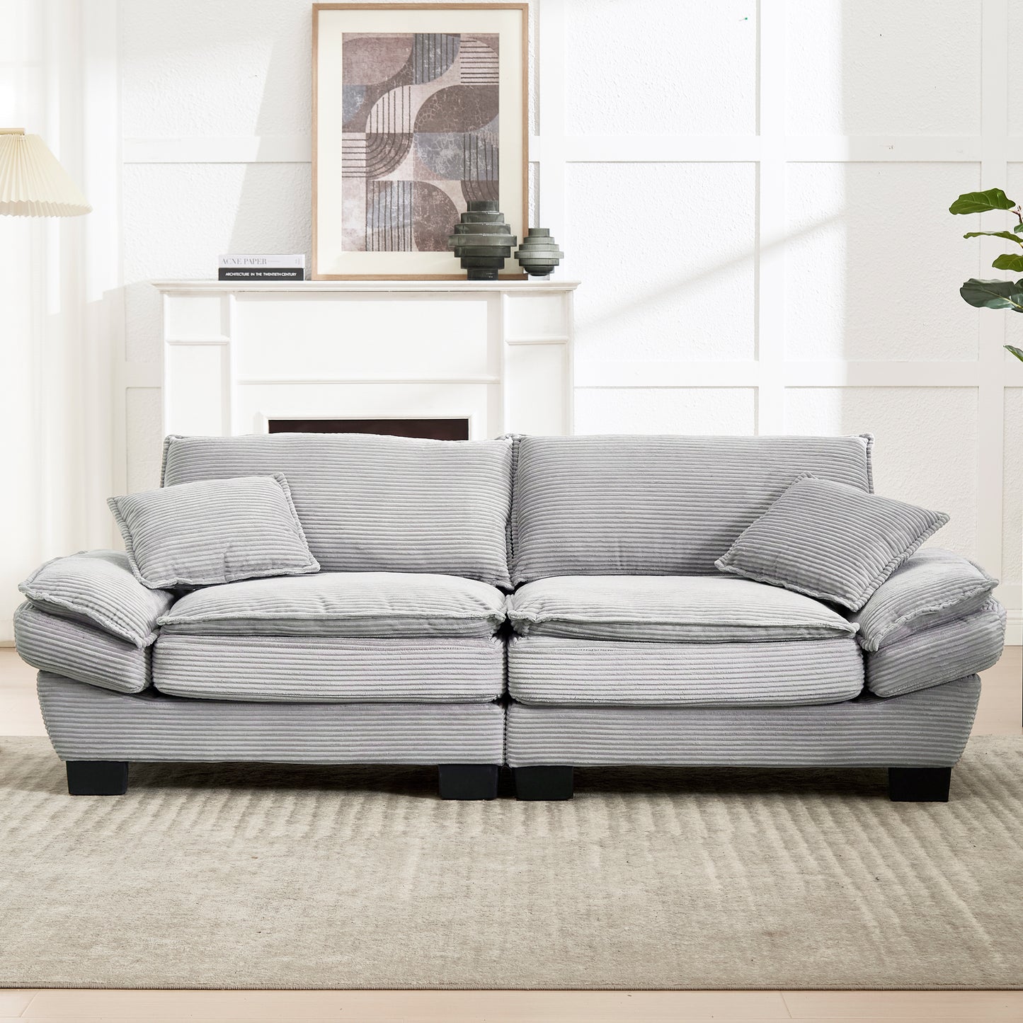 A Modern, Simple Double Sofa With A Feather Bed, Which Reaches A Pillow, Is Cosy, But Spacious And Spacious In The Living Room Bedroom Office, Light Grey