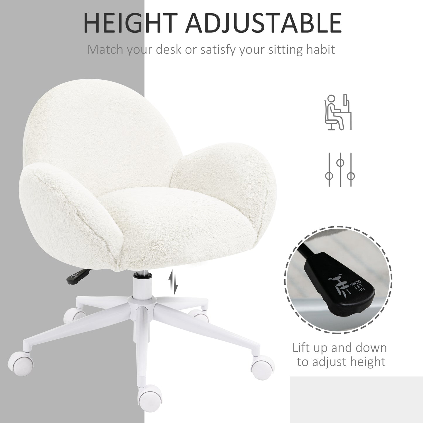 Makeup Vanity Chair, Cute Fluffy Desk Chair With Rolling Wheels For Bedroom Living Room, Cream White
