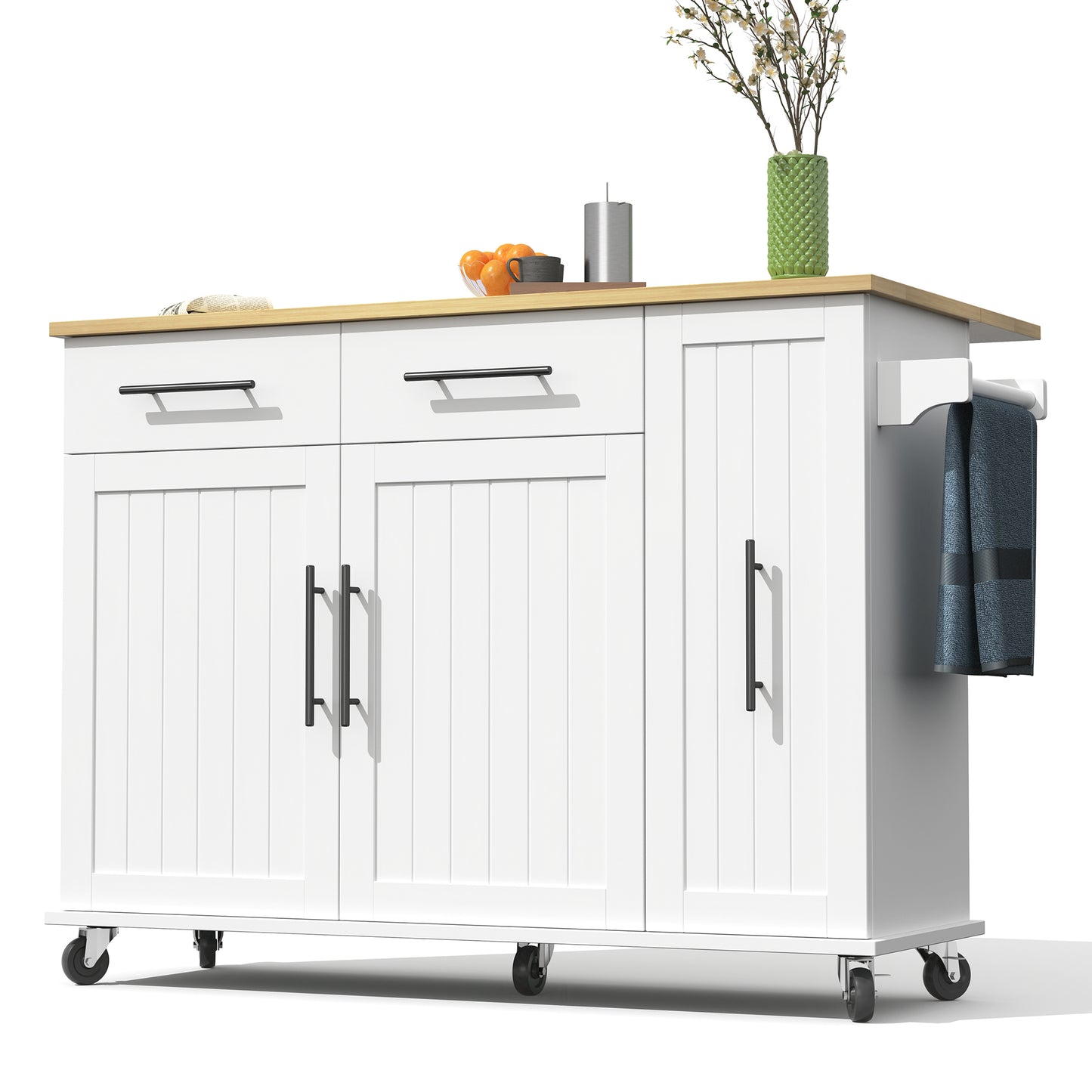 Kitchen Island With Drop Leaf, Storage Cart With 3 Tier Pull Out Cabinet Organizer, Internal Storage Rack, Rolling Cart On Wheels With Towel Bar & 2 Drawers For Dining Room, White