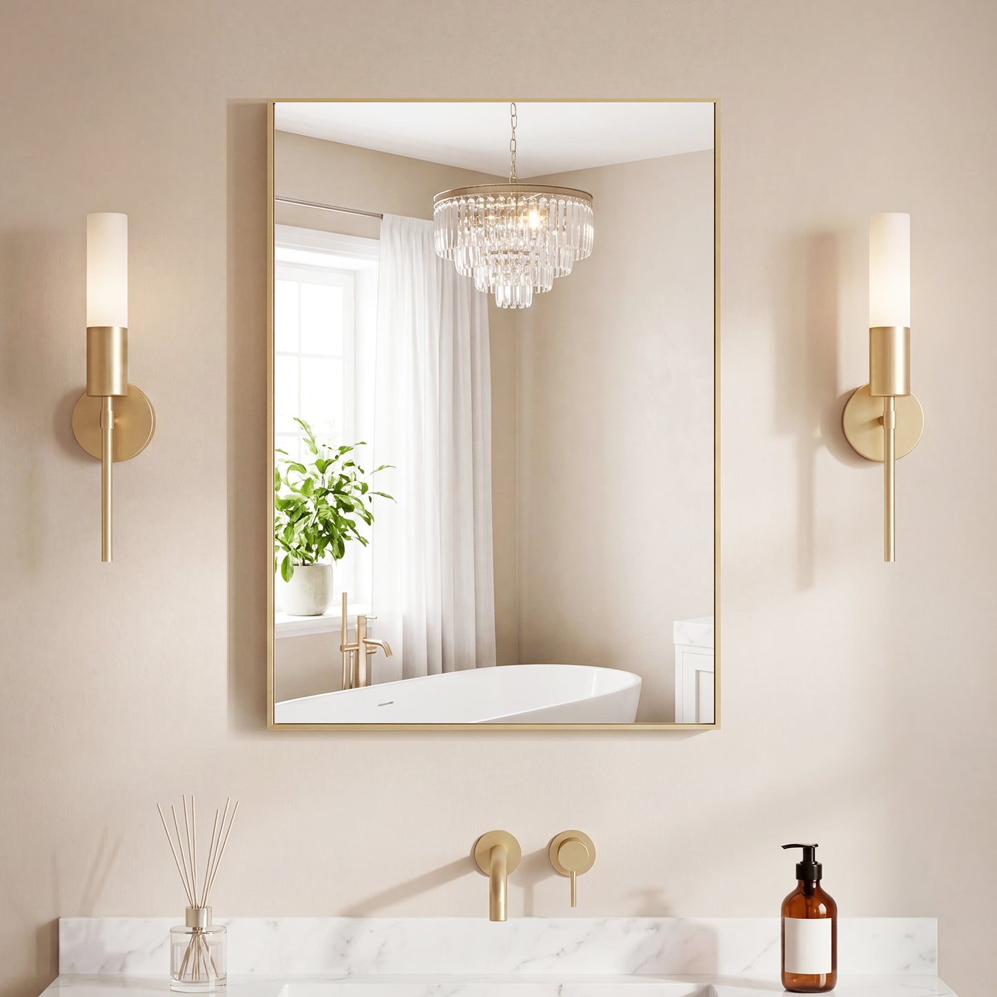 Bathroom Mirror, With Brushed Aluminum Frame, Rectangular Design, Square Corners At All Four Sides, Suitable For Wall Decoration In Home.
