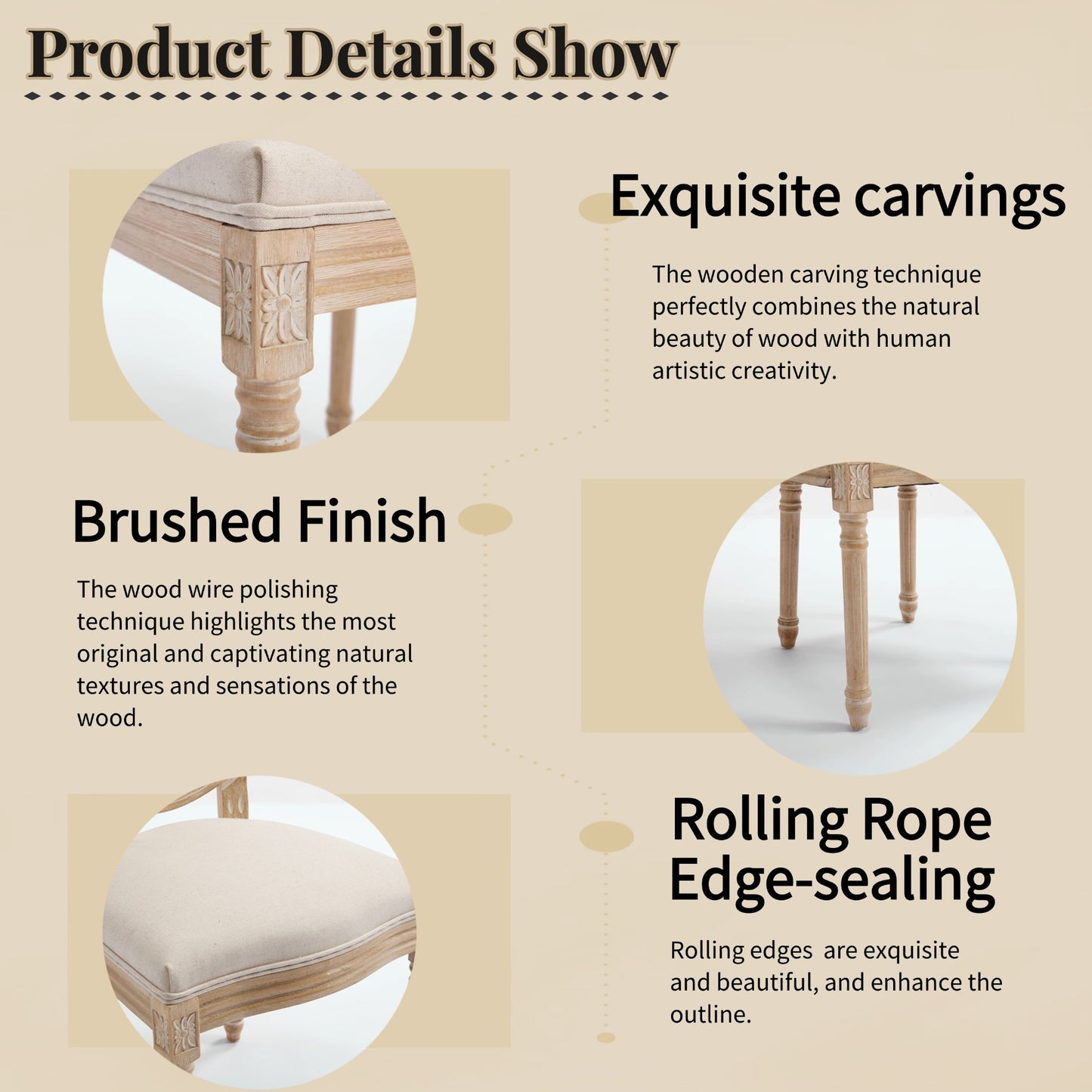 French Country Dining Chairs Set Of 2, Upholstered  Chairs With  Round Back, Wire Drawing And Carving Techniques ,Disassemblable ,  For Living Room, Kitchen , Restaurant Use, Beige