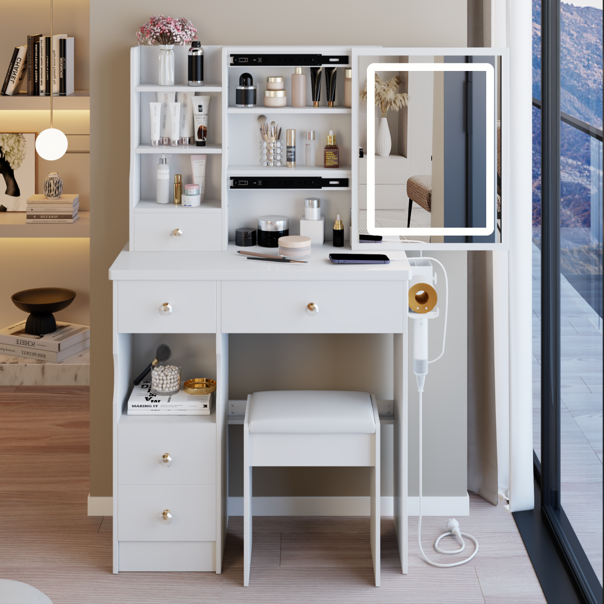 29.2  Small Size Left Drawer Desktop Vanity Table   Cushioned Stool, 2 AC 2 USB Power Station, Hair Dryer Bracket, Extra Large Touch Control Sliding LED Mirror, Tri-color Switching, Brightness Adjust