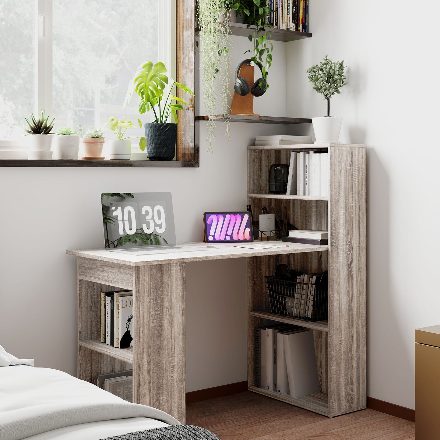 120cm Computer Desk, Wooden PC Laptop Table With 6-Tier Storage Bookshelves, Home Office Working Study Desk, Writing Workstation, Grey