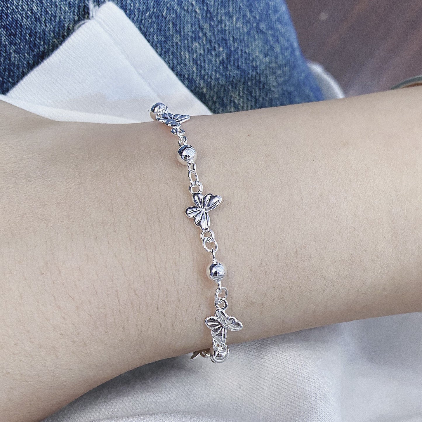 1pc 999 Sterling Silver Butterfly & Bead Chain Bracelet, Delicate Style, Perfect For Daily Wear And Valentine's Gift