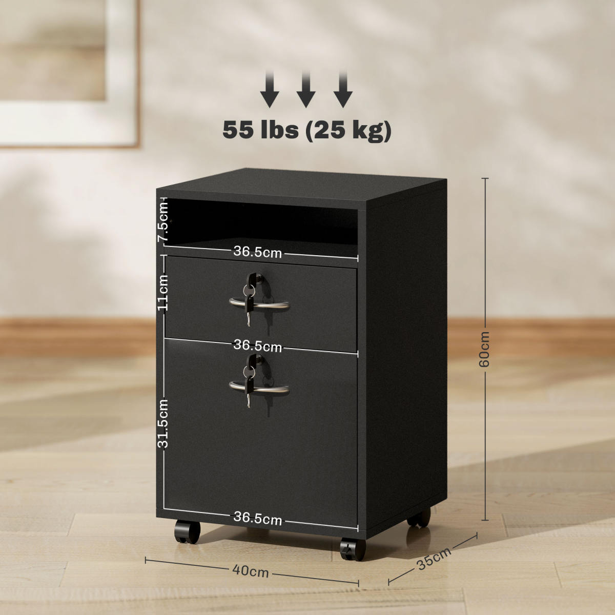 60cm Filing Cabinet With Drawer, Open Shelf, Metal Handles And 4 Wheels, Office Home Organiser Mobile Printer With Two Locks, Black