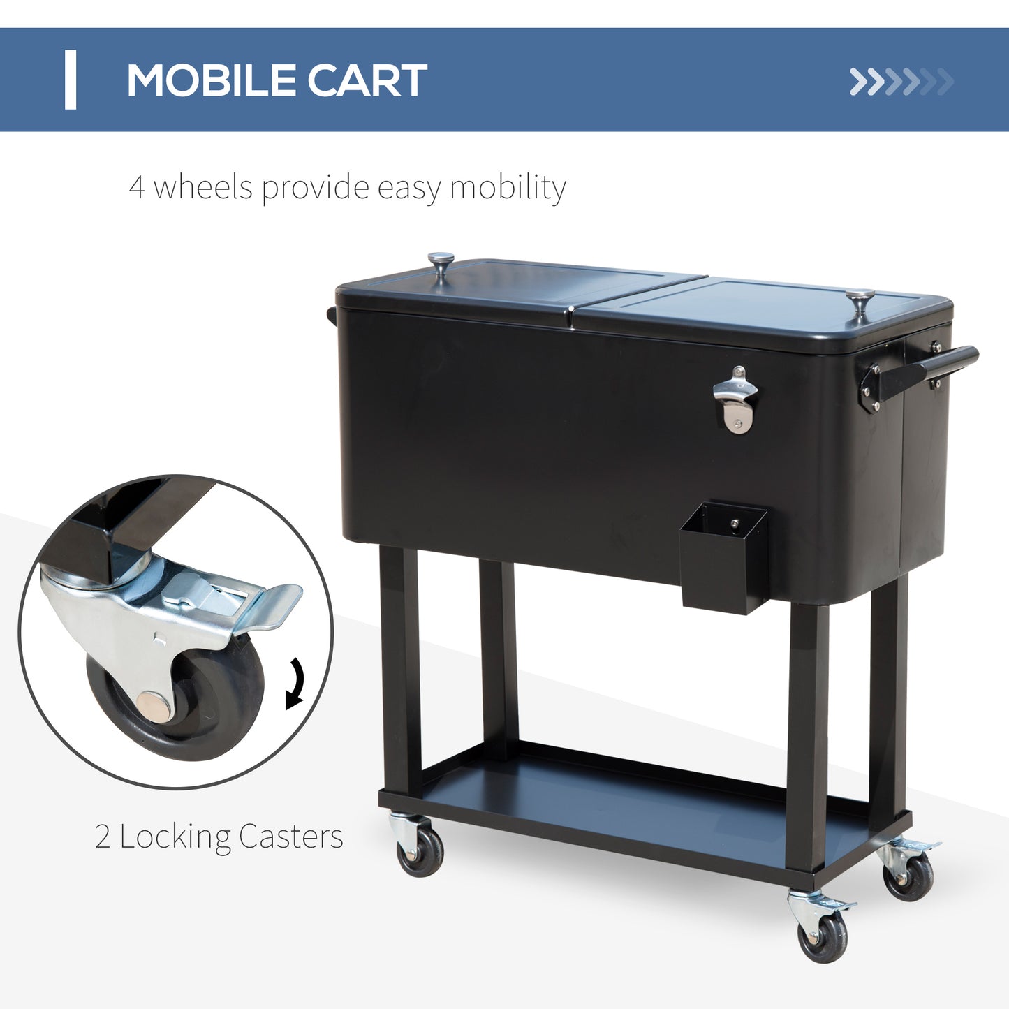 80 QT Rolling Cooling Bins Ice Chest On Wheels Outdoor Stand Up Drink Cooler Cart For Party, Black