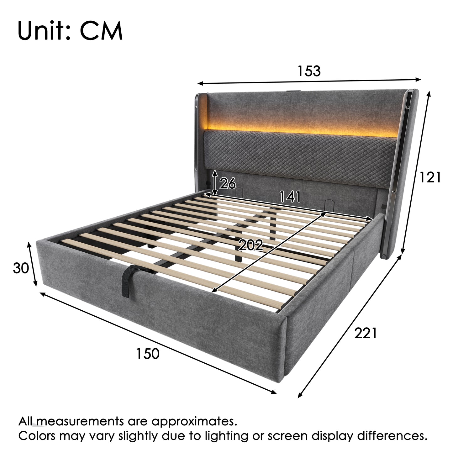 Modern Hydraulic Bed With High Headboard, 140x200cm Double Bed With LED Lighting, Storage Space & USB Type-C Ports, In Linen Look Grey  Without Mattress