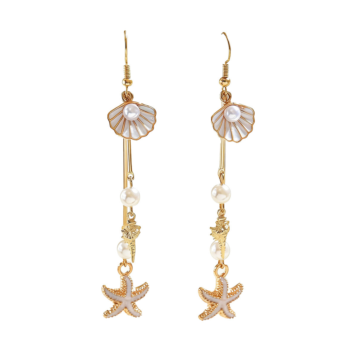 Cross-border European American Ocean Style Women Jewelry, Niche Long Drop Earrings With Shell & Starfish Pendant Inlaid Faux Pearl, Light Luxury Elegant Ear Accessories