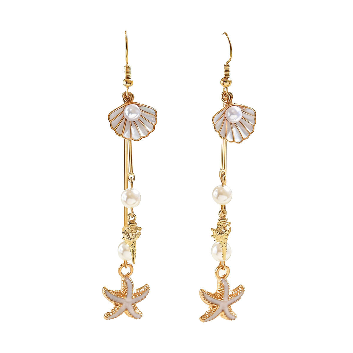Cross-border European American Ocean Style Women Jewelry, Niche Long Drop Earrings With Shell & Starfish Pendant Inlaid Faux Pearl, Light Luxury Elegant Ear Accessories