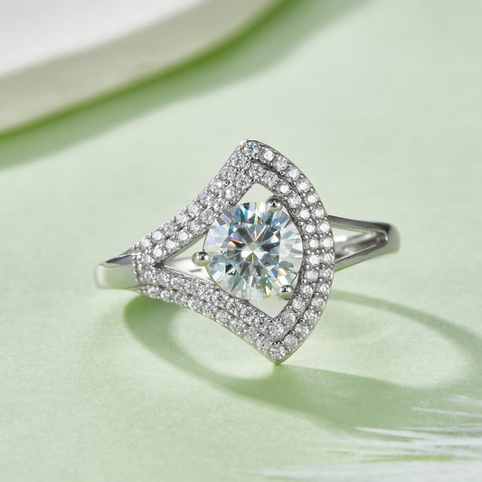 S925 Sterling Silver 1ct Moissanite Ring, D-VVS1 Round Cut Geometric V-Halo, Platinum Plated 3g US 5-9 GRA Gift Box