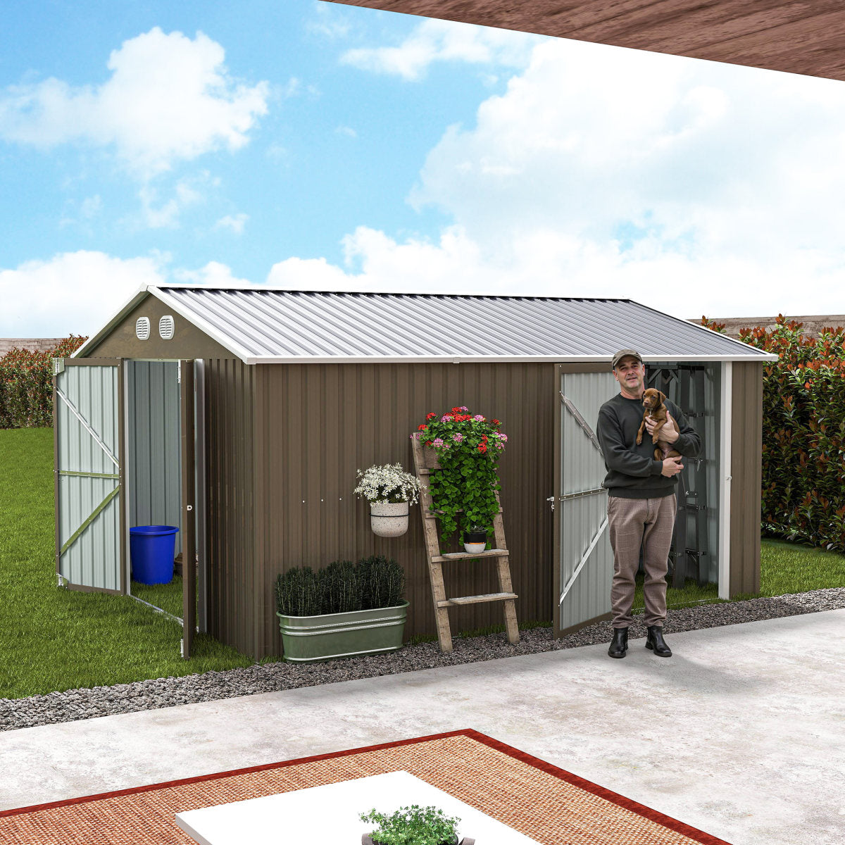 10x12 FT Outdoor Metal Storage Shed, Large Storage Sheds With Sturdy Frame Structure, Metal Garden Tool Shed With Lockable Door For Garden,Gift A Foldable Flower Pot Stand, Backyard,BROWN
