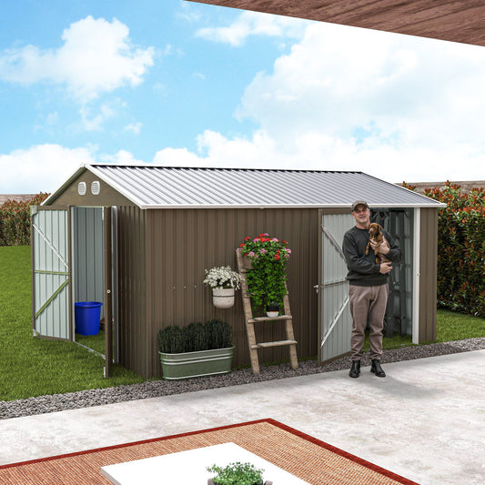 10x12 FT Outdoor Metal Storage Shed, Large Storage Sheds With Sturdy Frame Structure, Metal Garden Tool Shed With Lockable Door For Garden,Gift A Foldable Flower Pot Stand, Backyard,BROWN