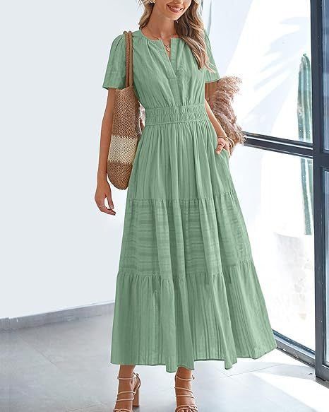 Spring Summer New Arrival Women's Dress, Fashion V-Neck Ruched Puff Sleeve Tiered Swing Dress