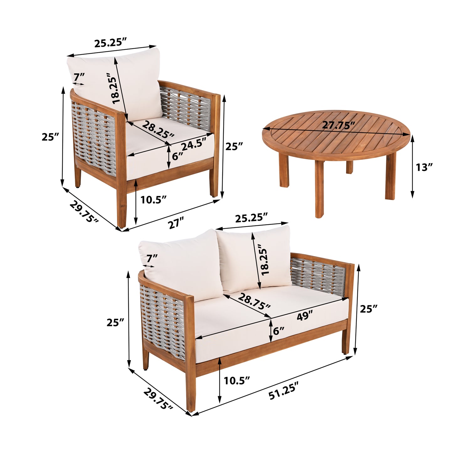 Outdoor Unique Tub Design 4-Seat Sofa Set With Woven Rope, 4 Pieces Acacia Wood Patio Furniture Set, Deep Seating With Soft Cushions For Porch, Garden, Backyard, Balcony, Teak Finish & Beige Cushion