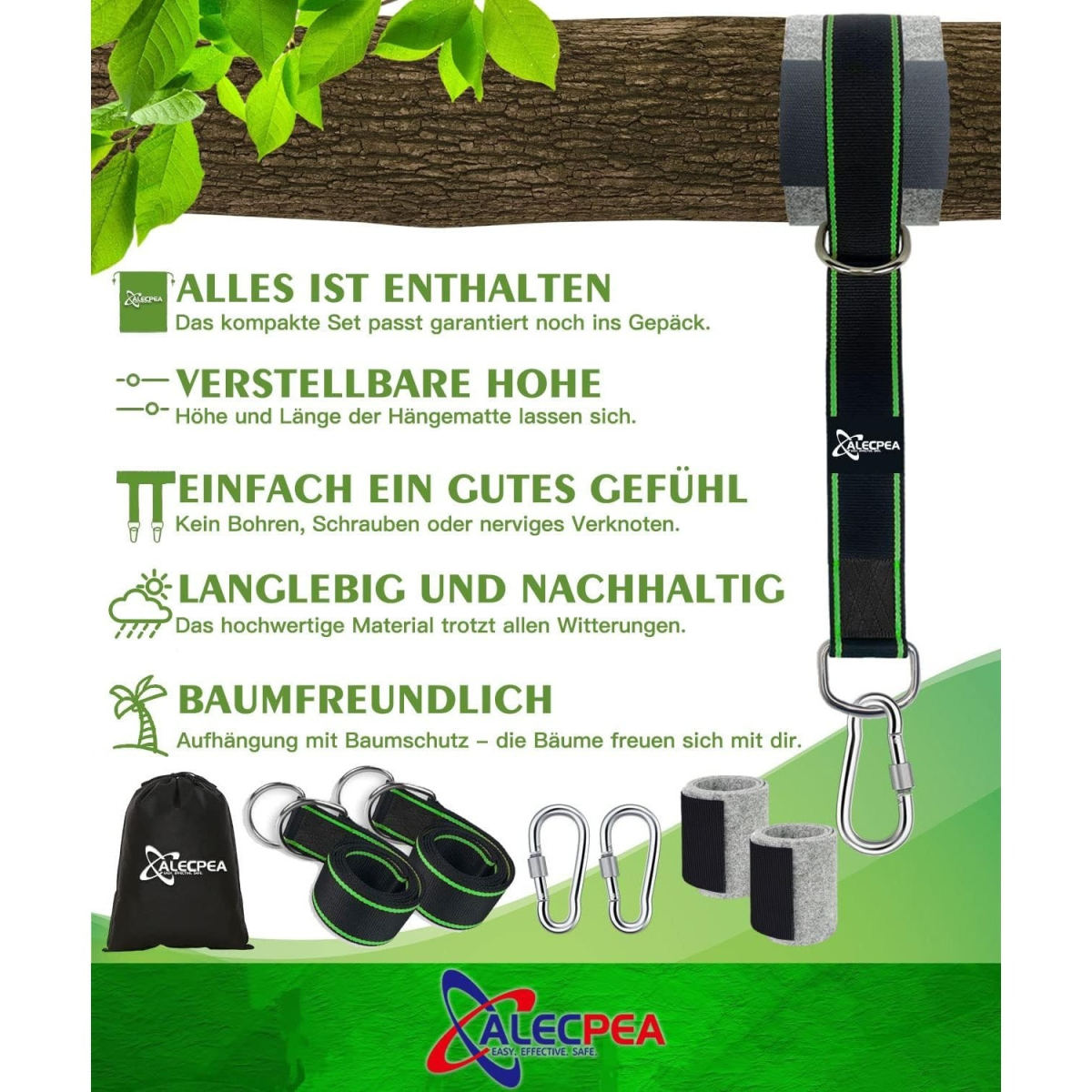 Multi-piece Party Gift Sets – 900KG Swing Mount Hammock Mount All-Inclusive Set: 2 X 150 Cm X 5 Cm Hammock Straps + 2 Carabiners + D-rings + Storage Bag + Tree Protection Pad + Hammock Rope