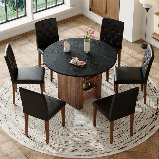 Table And Chair Set. 42 Inch Round MDF Black Dining Table With Double-layer Storage Shelves. Paired With 6 Black PU Chairs With Decorative Buckle Design On The Backrest.For Dining Room,Kitchen,etc.