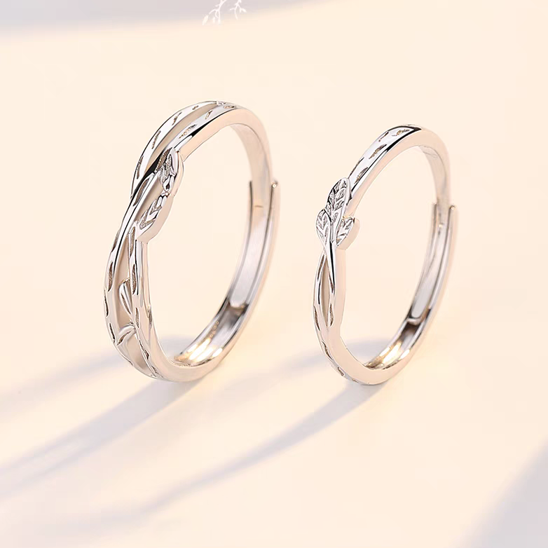 1 Pair 999 Sterling Silver Entwined Branch Couple Rings, Romantic Adjustable Promise Rings, Ideal Valentine's Day Gift For Lovers