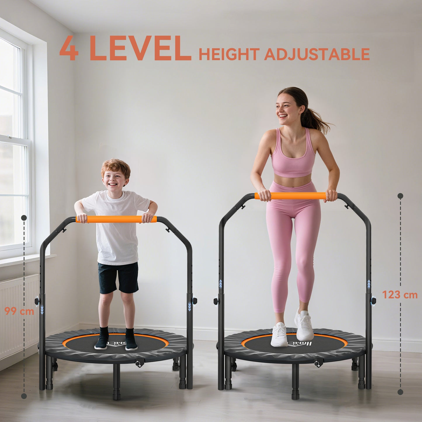 40" Foldable Mini Fitness Trampoline, With Adjustable Foam Handle, Orange