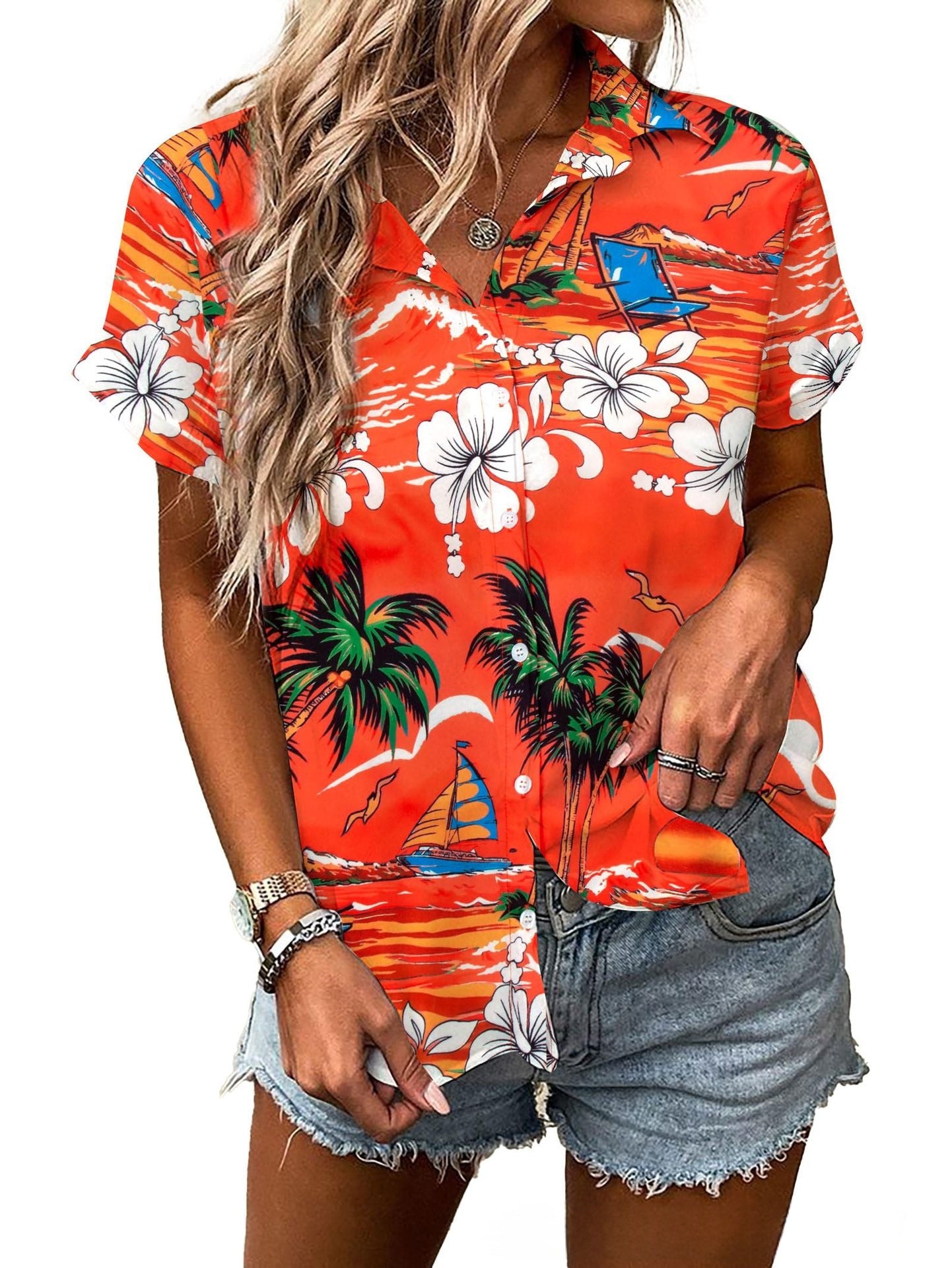 Womens Fashion Plus-Size Floral Loose-Fitting Shirt
