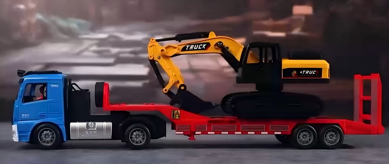 Flat Trailer Truck With Excavator Vehicles Toys, 1 50 Scale Diecast Site Trailer Truck, Toy Trucks For Kids, Gift For Him