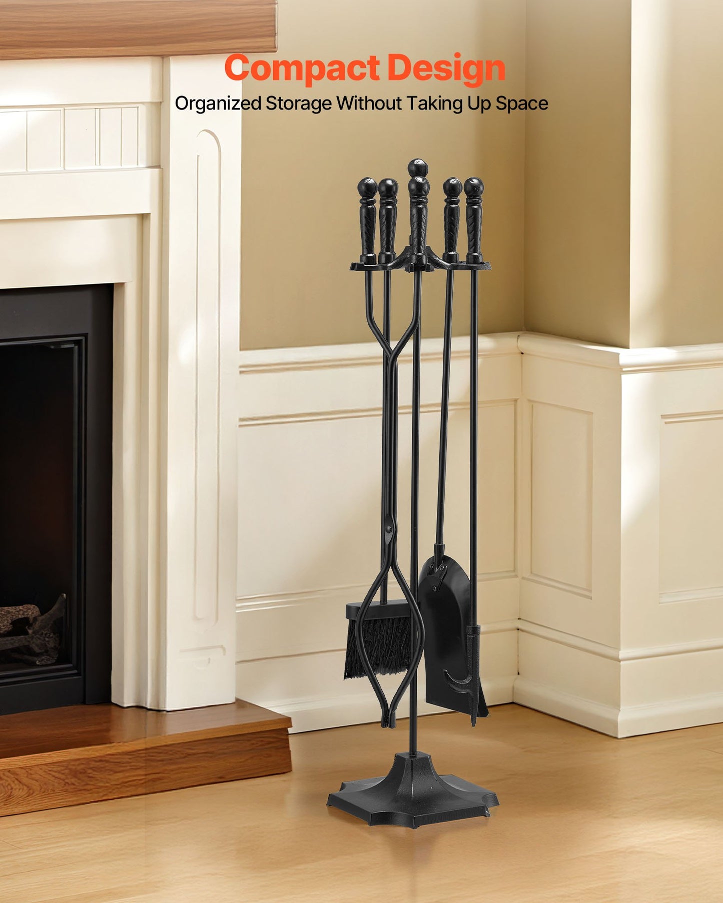 Fireplace Tool Set, 5 PCS Fire Tool Set And Holder With Five-Prong Stand, Tongs, Ash Shovel, Brush, Fire Place Poker, Wrought Iron Fireplace Accessories For Campfire Indoor/Outdoor, Black