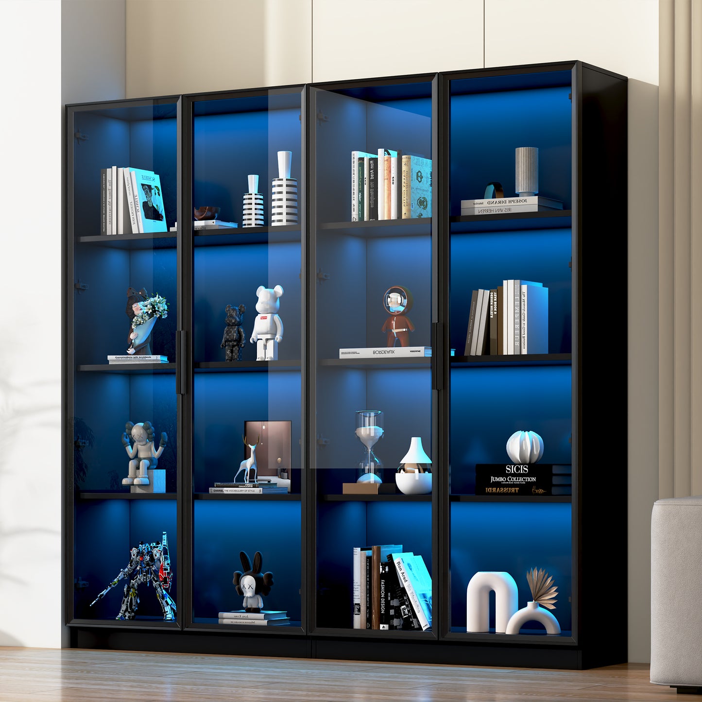 Glass Display Cabinet With APP Controlled LED Lighting, 4 Door Storage Cabinet With Rolling Shelves, Living Room Tall Cabinet, Freestanding Display Cabinet, Bathroom Cabinet