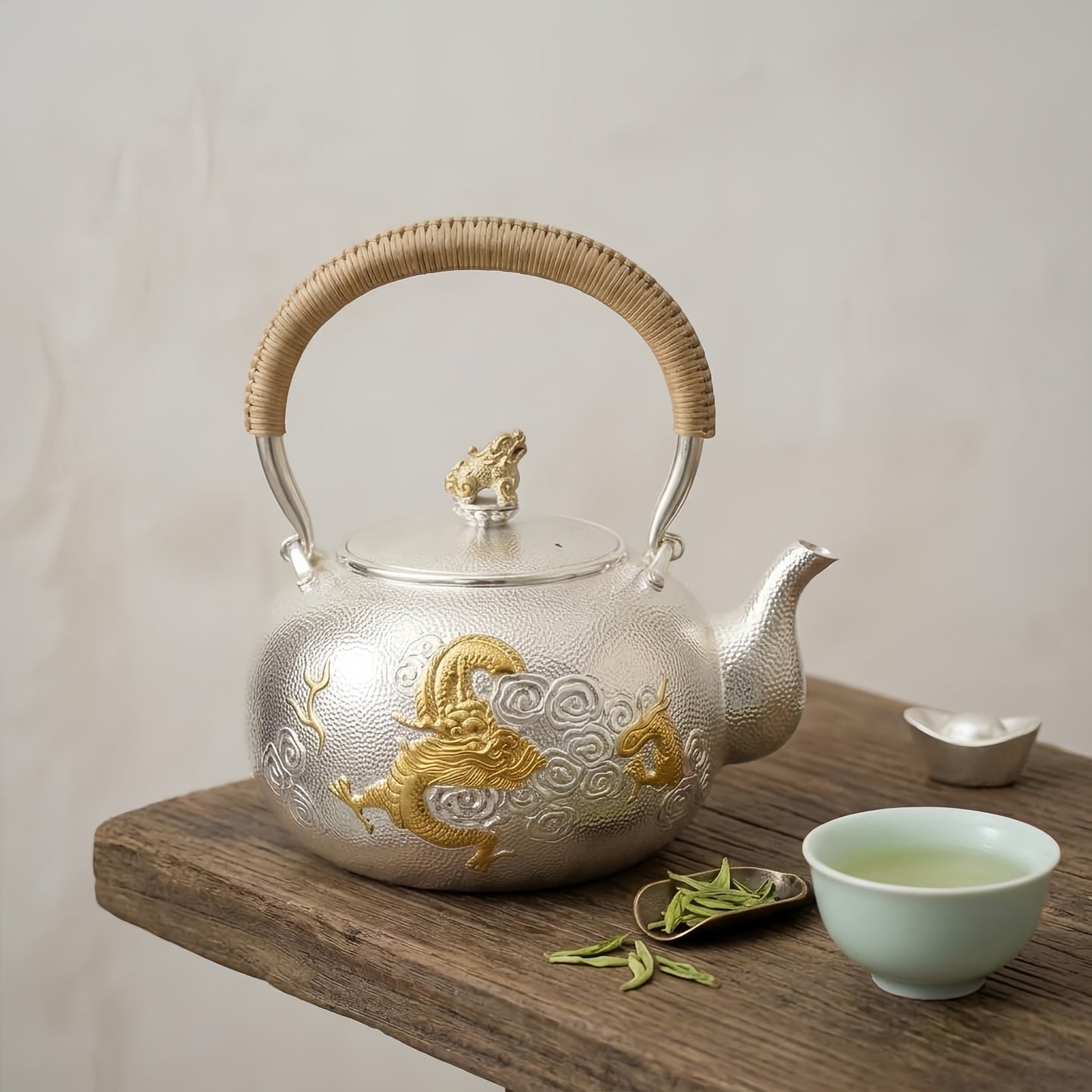 Pure 999 Fine Silver Handcrafted Hammered Silver Tea Kettle with Dragon Relief and Traditional Rattan Handle - Handicraft