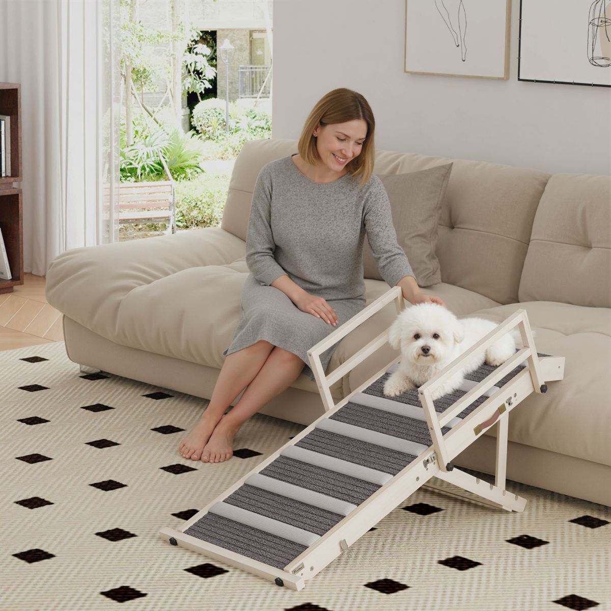 Dog Ramp, Folding Pet Ramp, 4 Adjustable Height from 15" to 19", Dog Step with Side Rails for Small to Large Pets