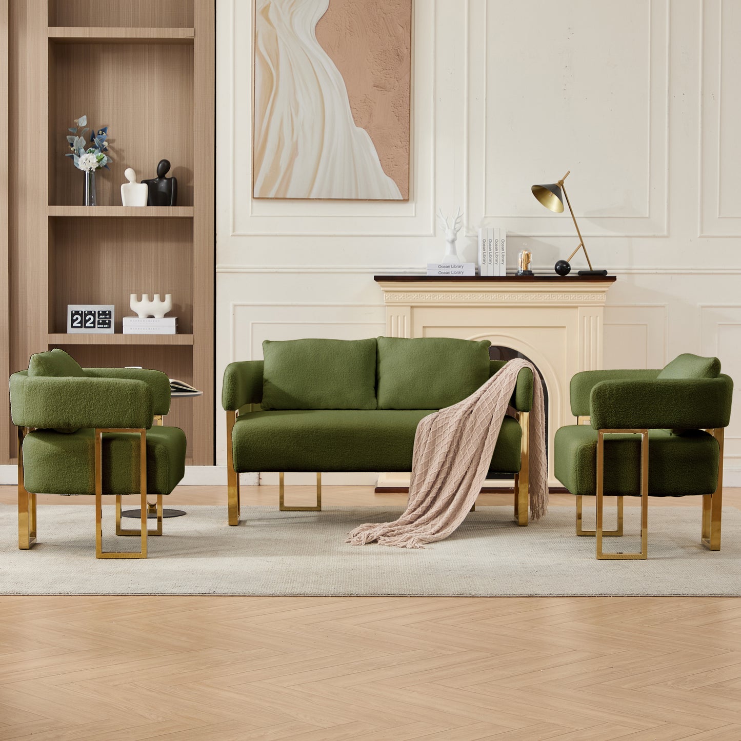 TS Modern Decorative Chair, Living Room Side Chair With Gold Metal Legs, No Wheels, Suitable For Dressing Area, Reception Room, Office,Teddy Fleece Upholstered Metal Foot Sofas  Green