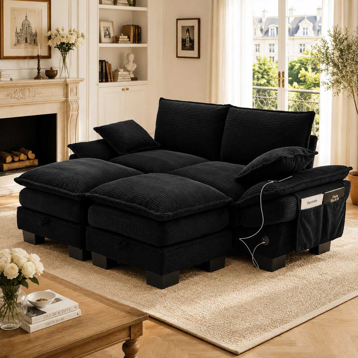 Modular 2-seater Corduroy Sofa  With 2 Stools Wide Seat, Ergonomic Design, High-density Foam Padding, USB-C Port And Side Pockets. Ideal For The Living Room, Office Or Lounge.Black