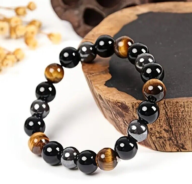 Triple Protection Bracelet, 2 Pieces Black Obsidian Tiger's Eye Stone Hematite Bracelet, Natural Tiger's Eye Bracelet Good Luck Bracelet Gift For Him Friend Husband Father