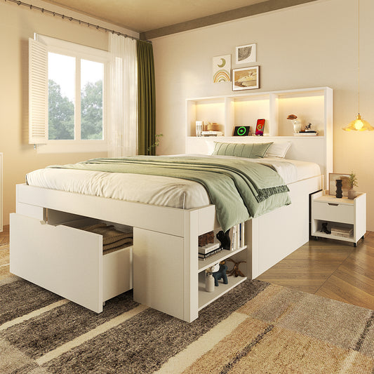Functional Bed 90x200 Cm White With Storage Space And A Movable Bedside Table  1 Piece , Single Bed Wood With LED Lighting USB-C Charging Function, Youth Bed With Drawers And Shelves, Without Mattress